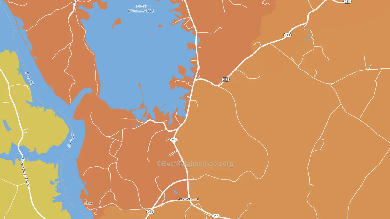 Map of the best neighborhoods in the 29065 area, with better matches in green and worse matches in red