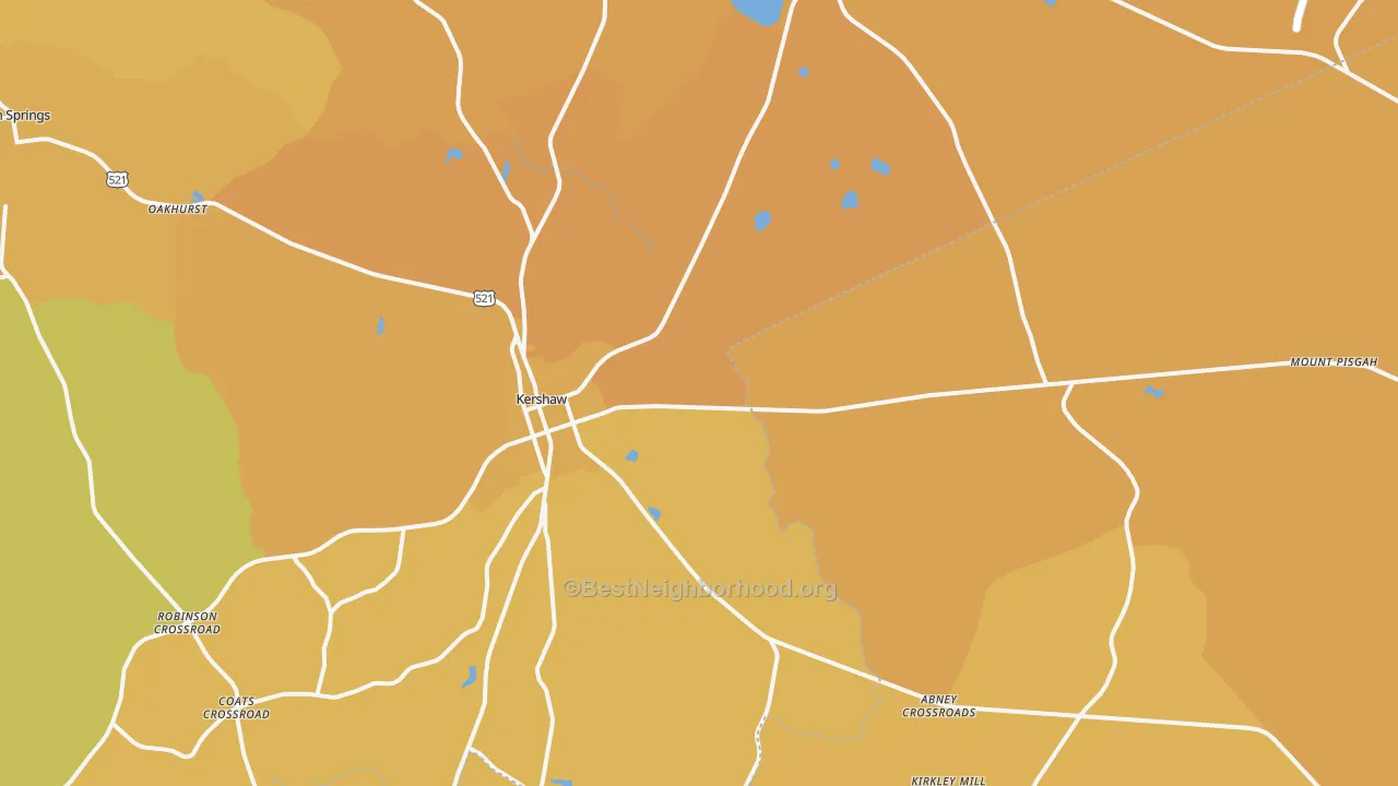 Map of the best neighborhoods in the 29067 area, with better matches in green and worse matches in red