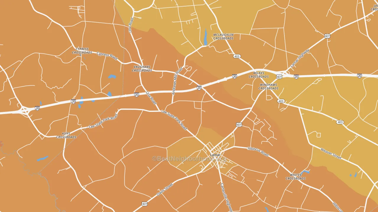 Map of the best neighborhoods in the 29069 area, with better matches in green and worse matches in red
