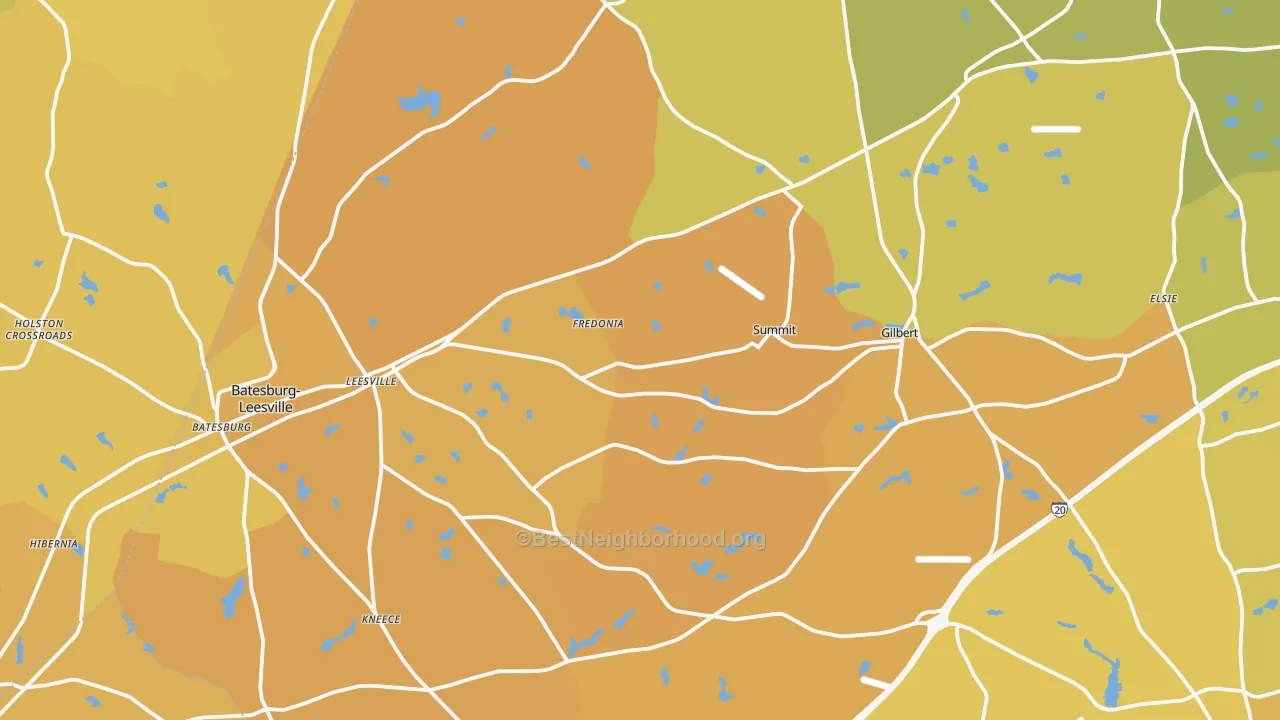 Map of the best neighborhoods in the 29070 area, with better matches in green and worse matches in red