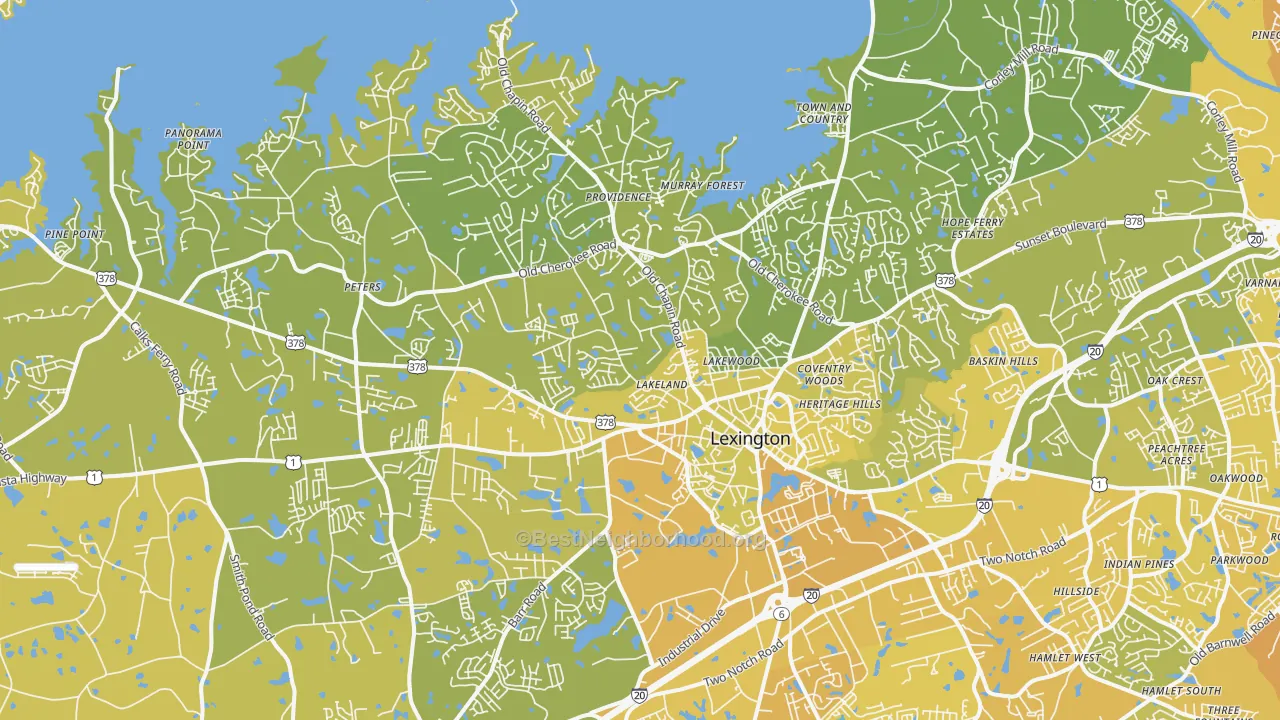 Map of the best neighborhoods in the 29072 area, with better matches in green and worse matches in red