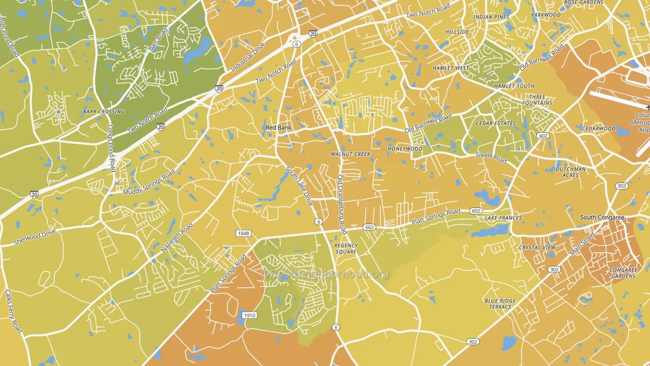 Map of the best neighborhoods in the 29073 area, with better matches in green and worse matches in red