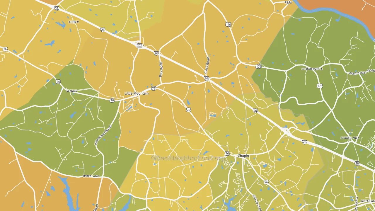 Map of the best neighborhoods in the 29075 area, with better matches in green and worse matches in red