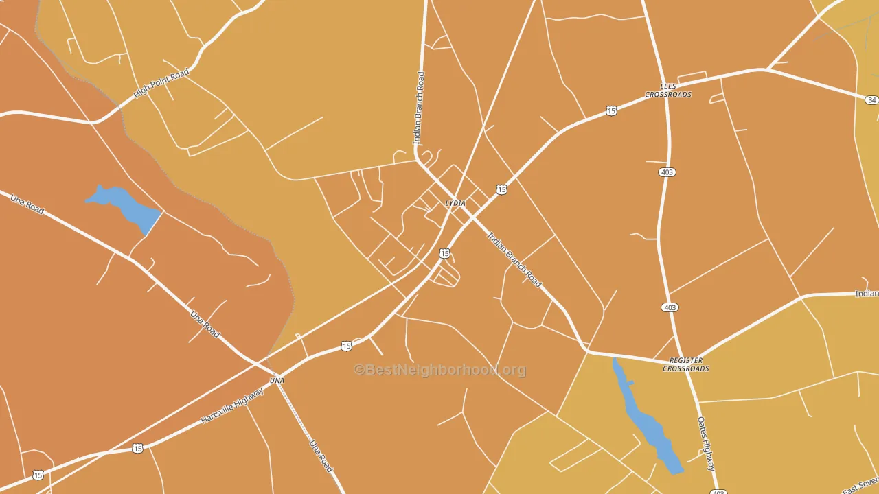 Map of the best neighborhoods in the 29079 area, with better matches in green and worse matches in red