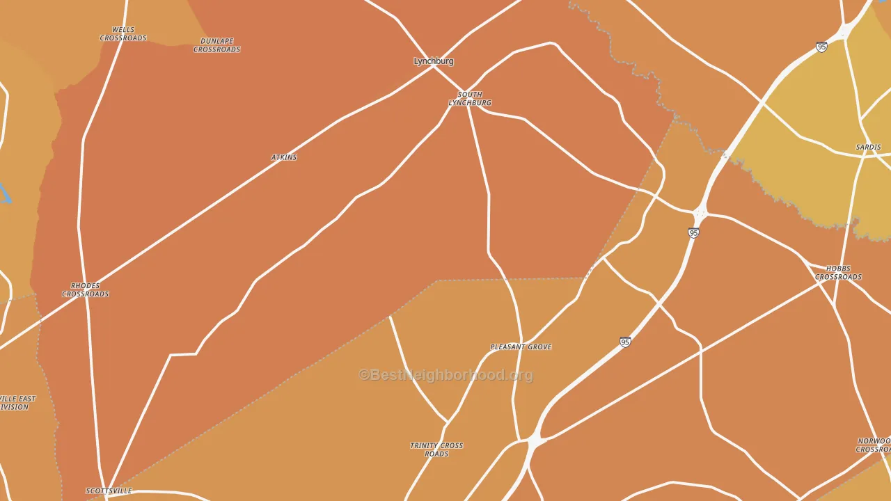 Map of the best neighborhoods in the 29080 area, with better matches in green and worse matches in red