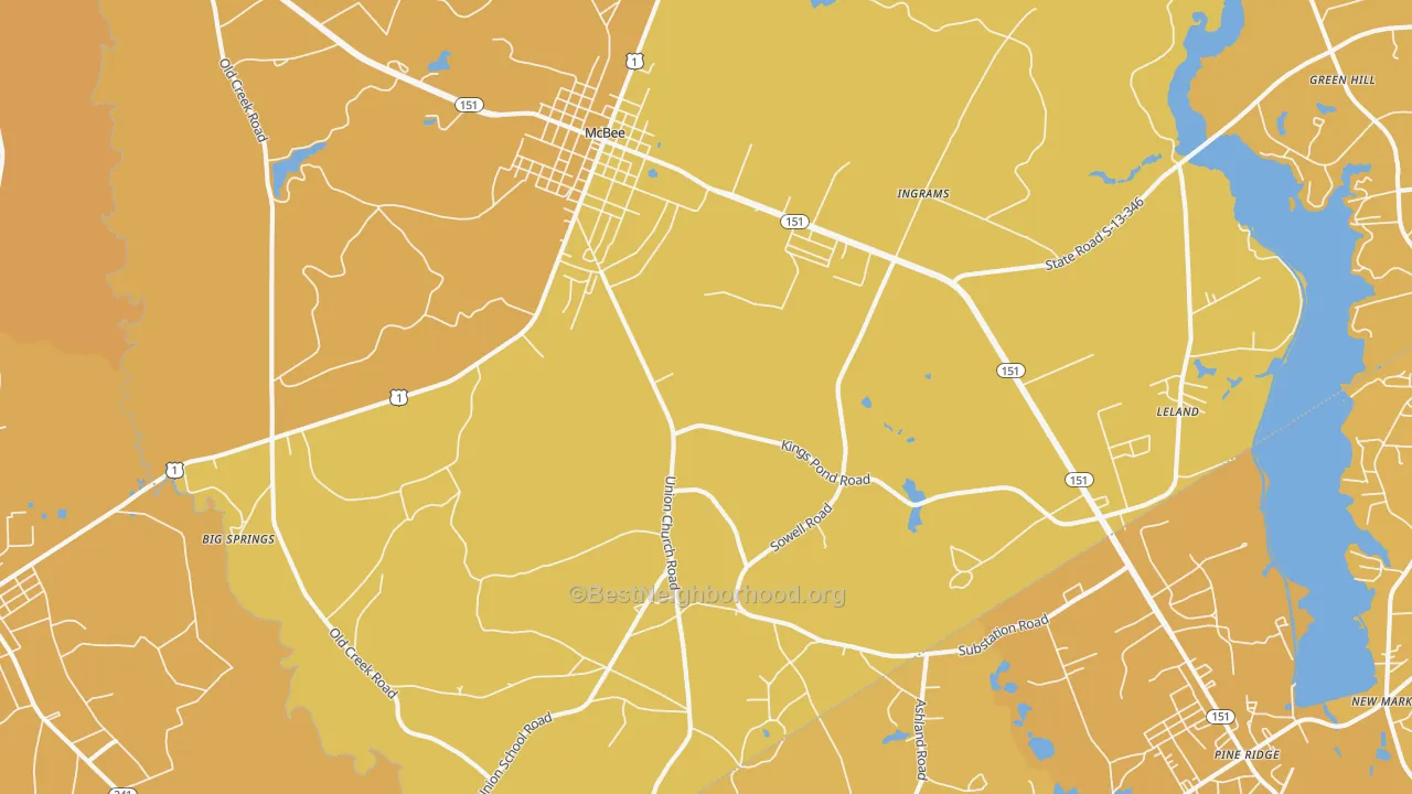 Map of the best neighborhoods in the 29101 area, with better matches in green and worse matches in red
