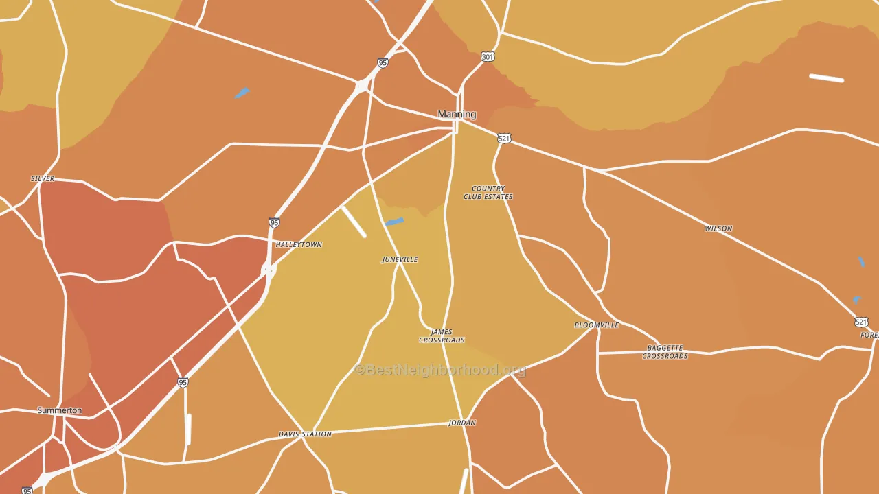 Map of the best neighborhoods in the 29102 area, with better matches in green and worse matches in red