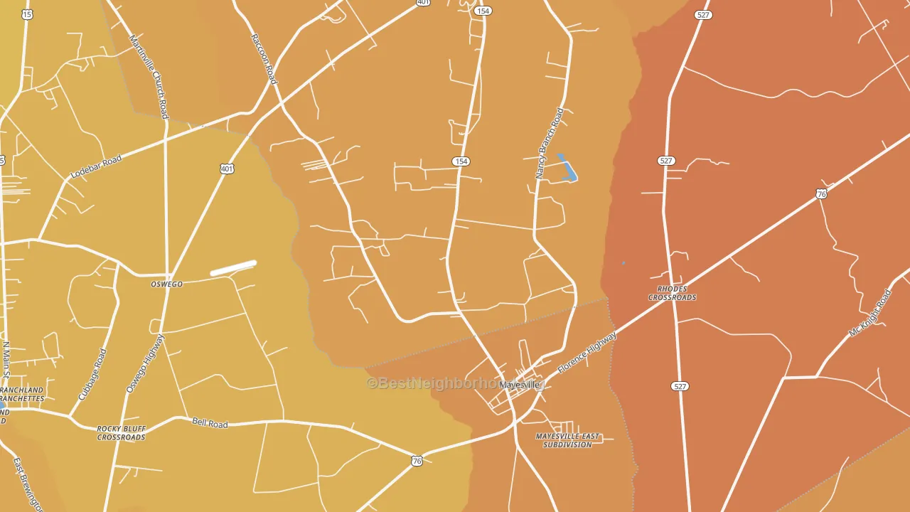 Map of the best neighborhoods in the 29104 area, with better matches in green and worse matches in red