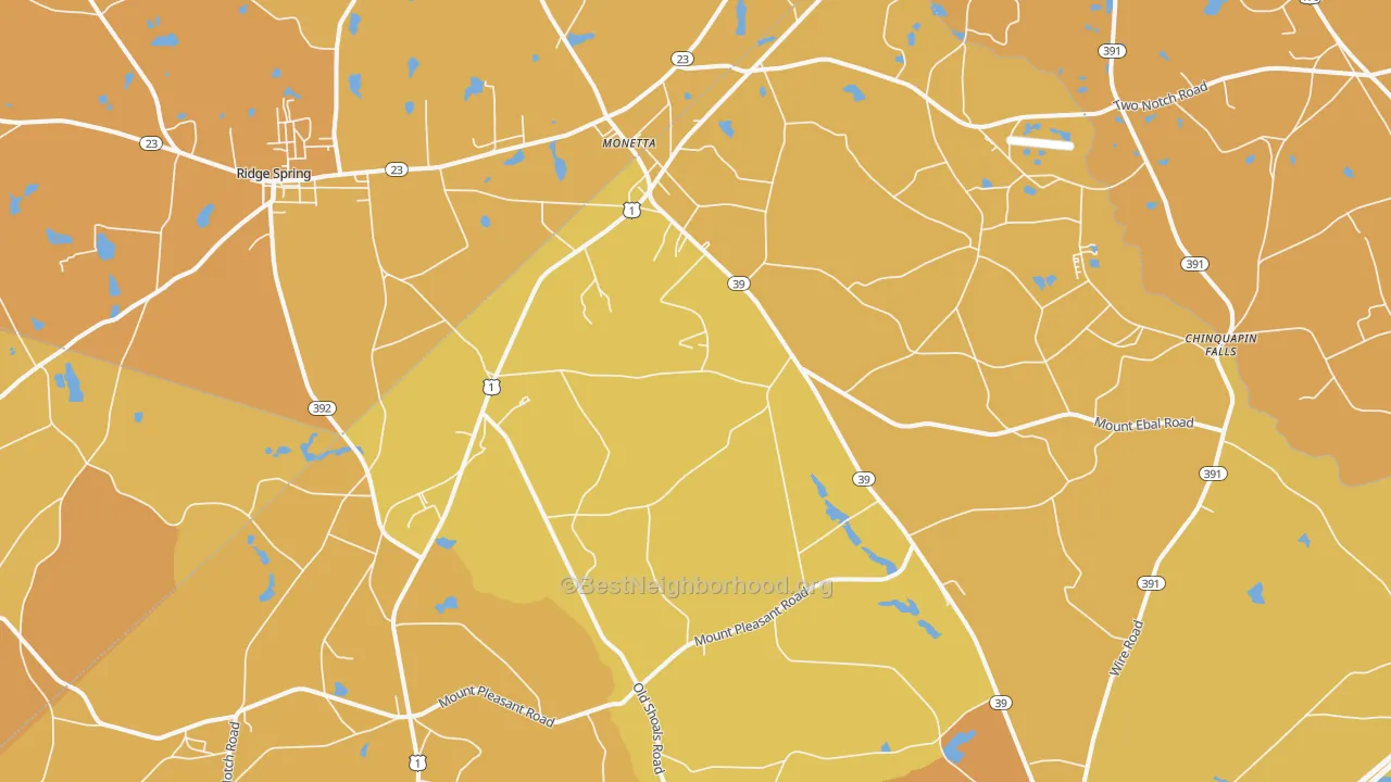 Map of the best neighborhoods in the 29105 area, with better matches in green and worse matches in red