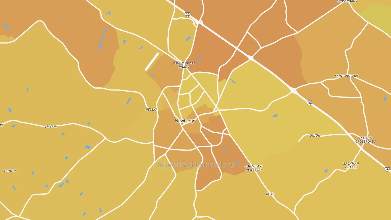 Map of the best neighborhoods in the 29108 area, with better matches in green and worse matches in red