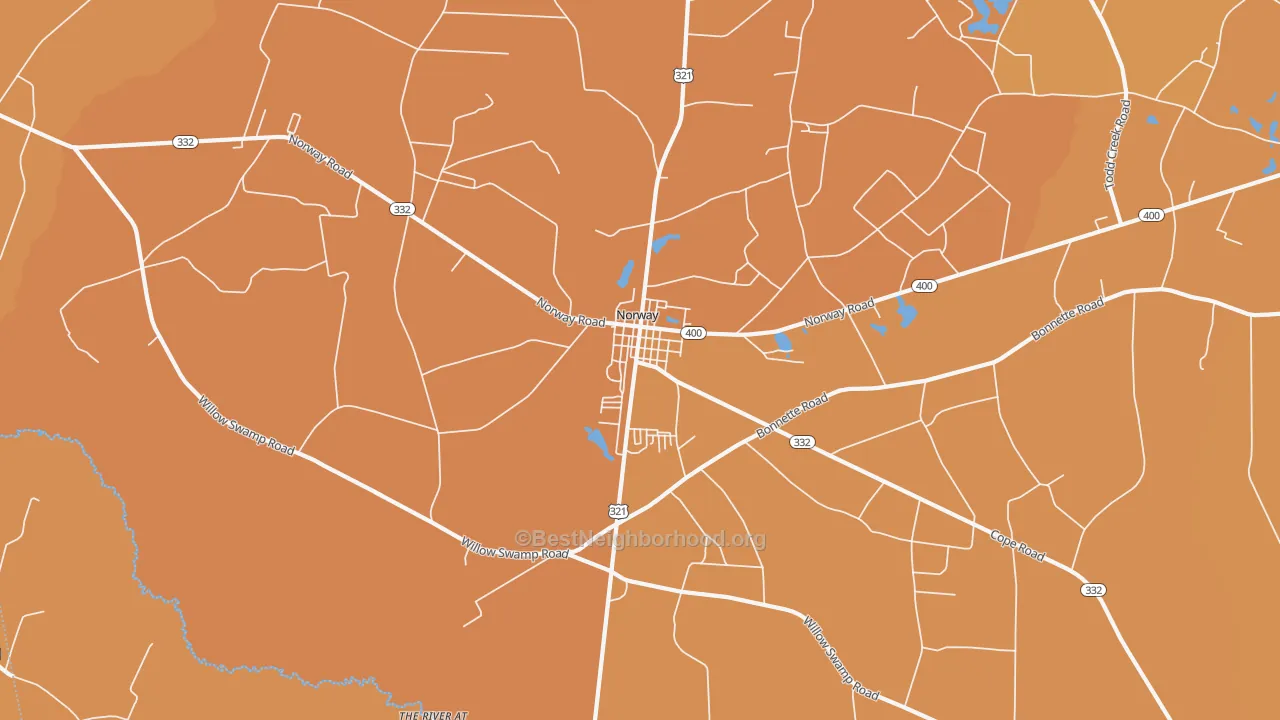 Map of the best neighborhoods in the 29113 area, with better matches in green and worse matches in red
