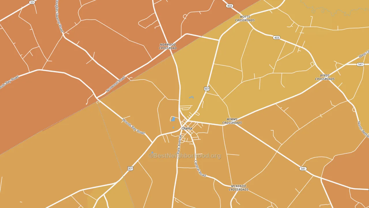 Map of the best neighborhoods in the 29114 area, with better matches in green and worse matches in red