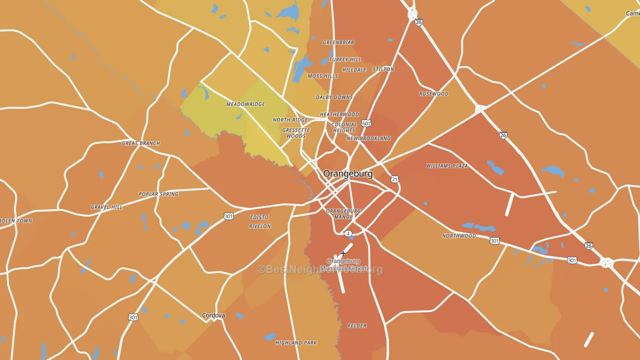 Map of the best neighborhoods in the 29115 area, with better matches in green and worse matches in red