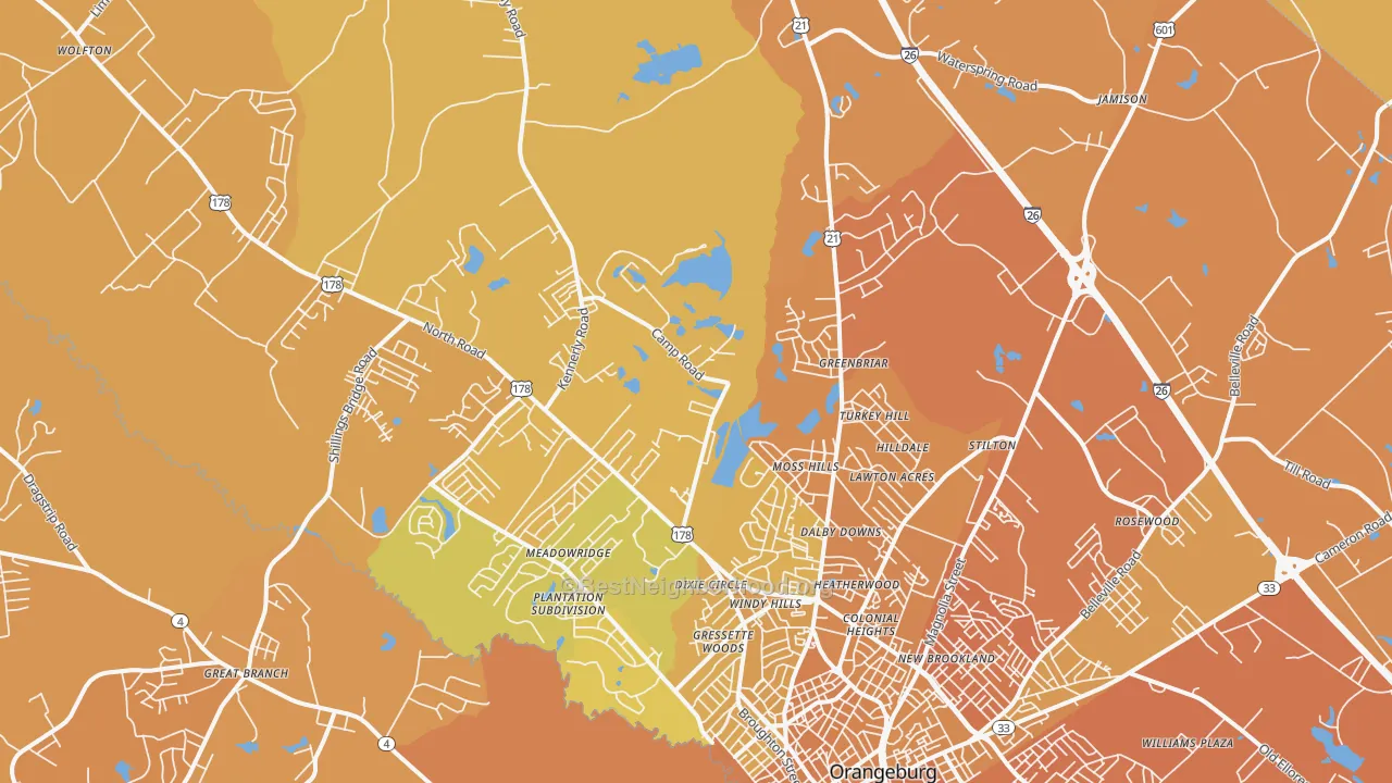 Map of the best neighborhoods in the 29118 area, with better matches in green and worse matches in red