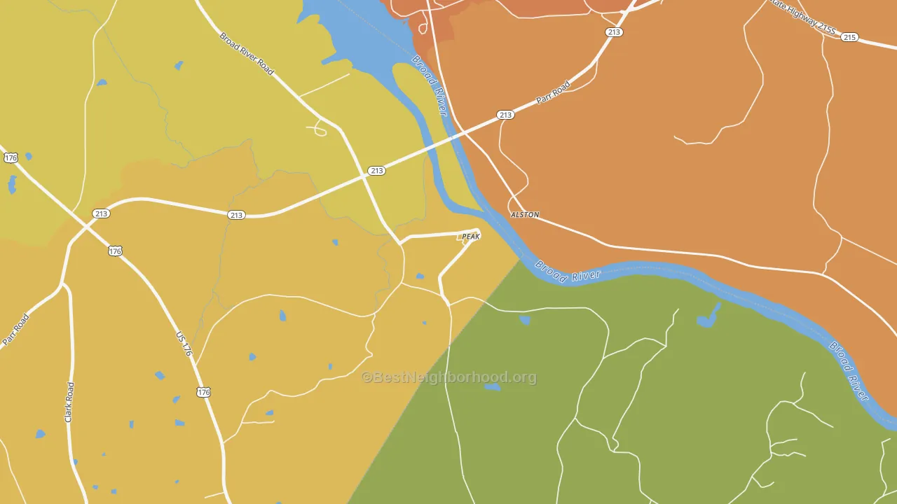 Map of the best neighborhoods in the 29122 area, with better matches in green and worse matches in red