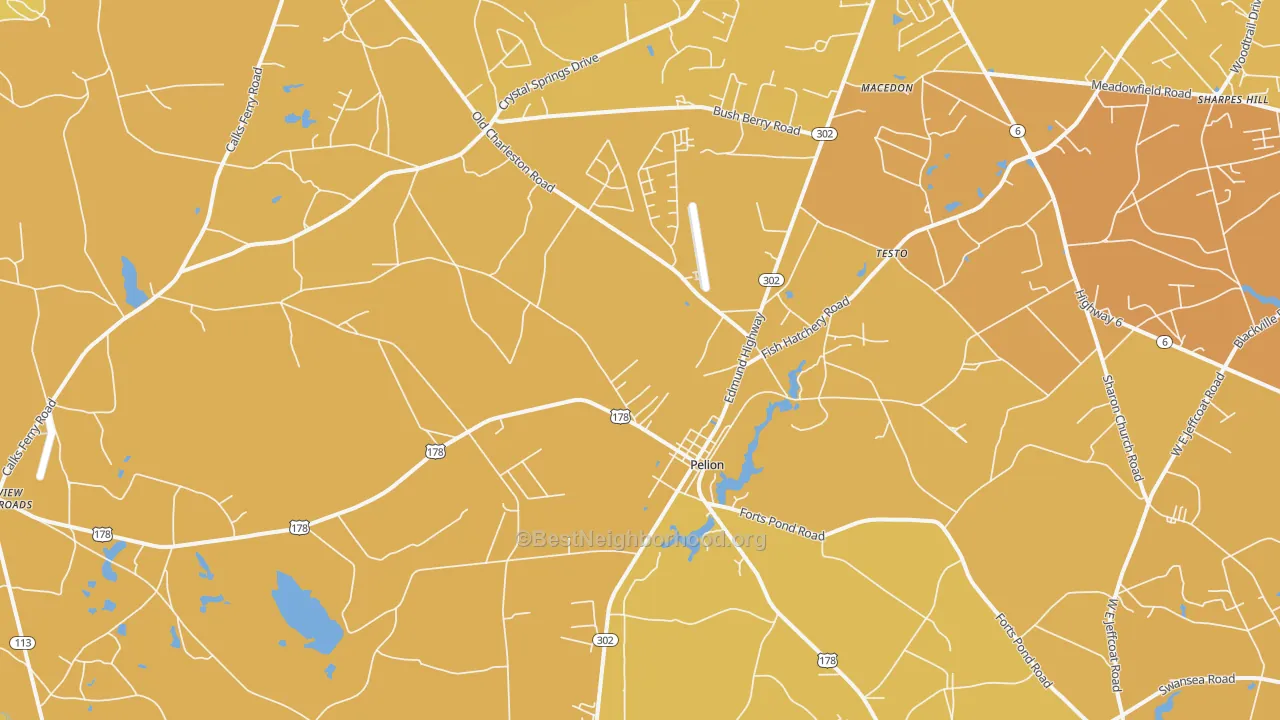 Map of the best neighborhoods in the 29123 area, with better matches in green and worse matches in red
