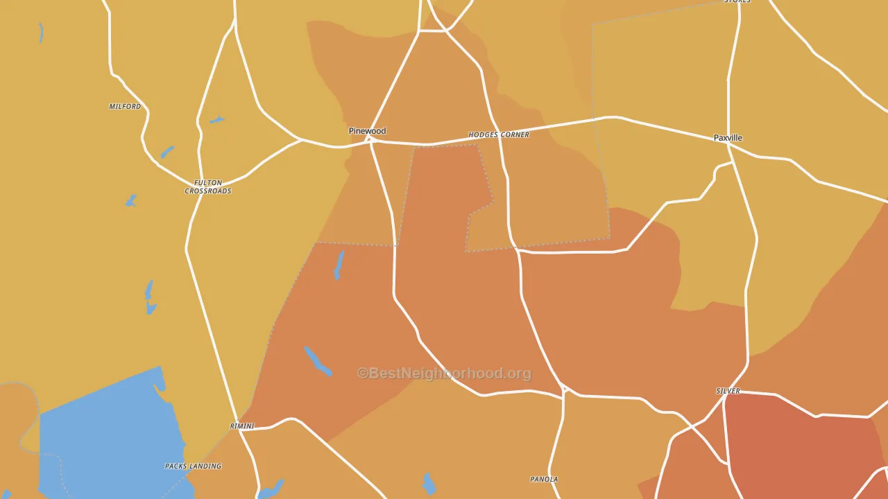 Map of the best neighborhoods in the 29125 area, with better matches in green and worse matches in red