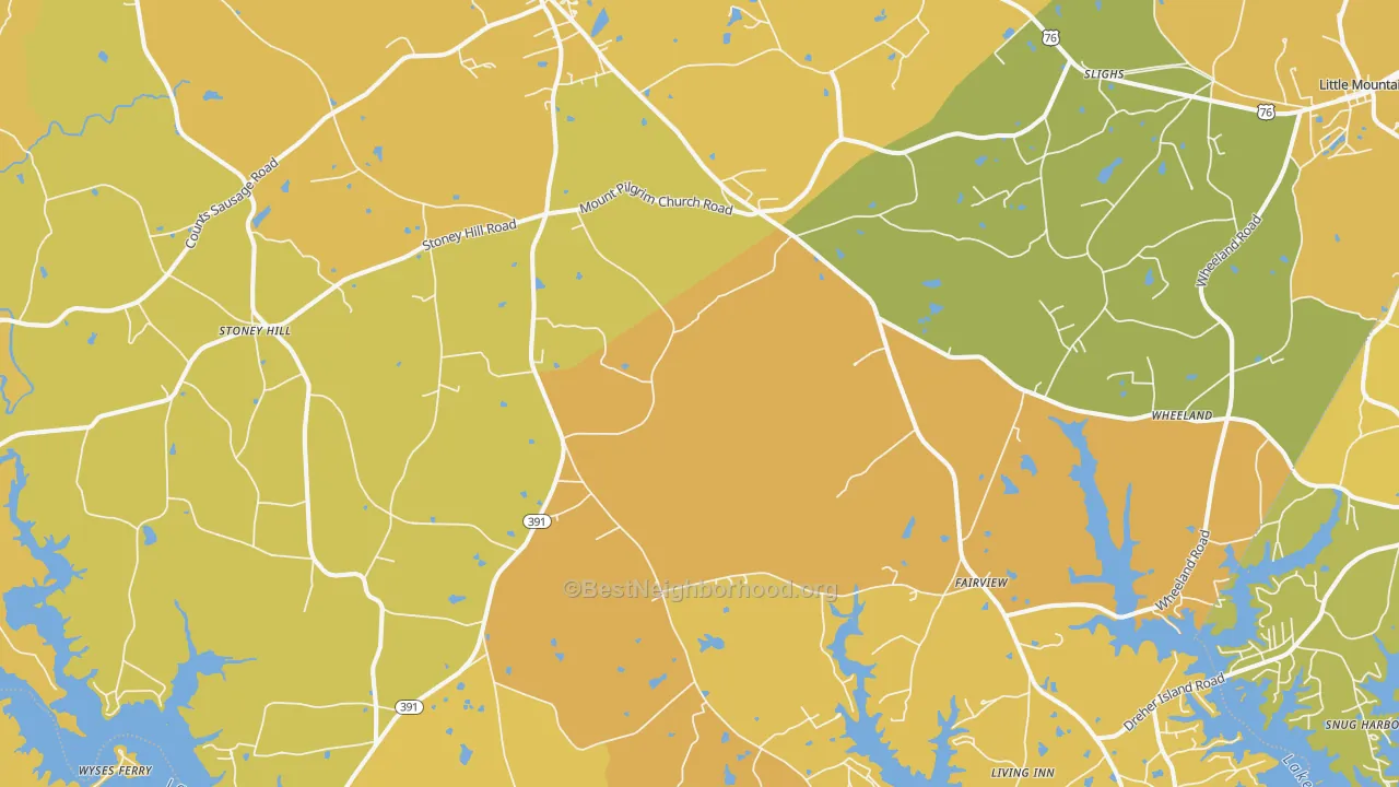 Map of the best neighborhoods in the 29127 area, with better matches in green and worse matches in red