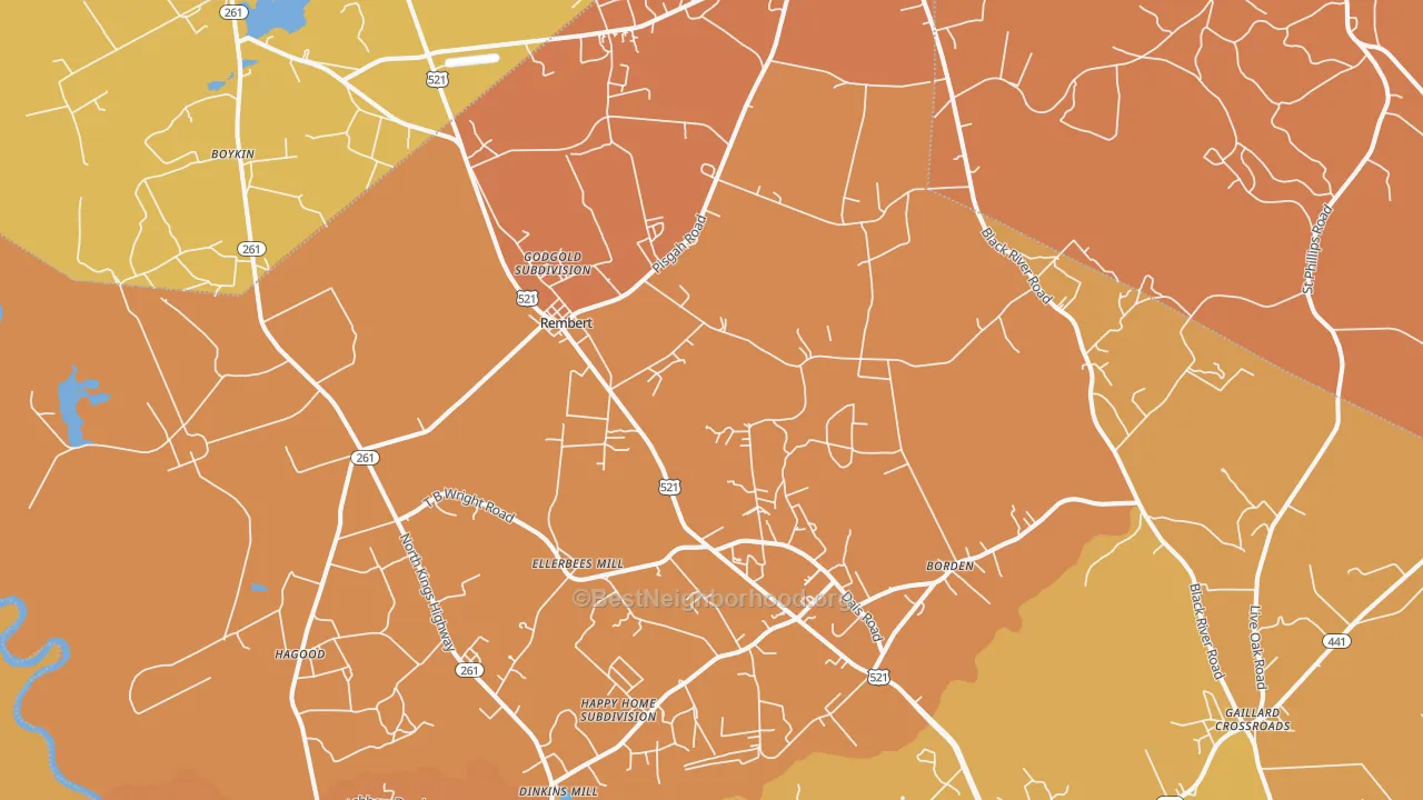 Map of the best neighborhoods in the 29128 area, with better matches in green and worse matches in red