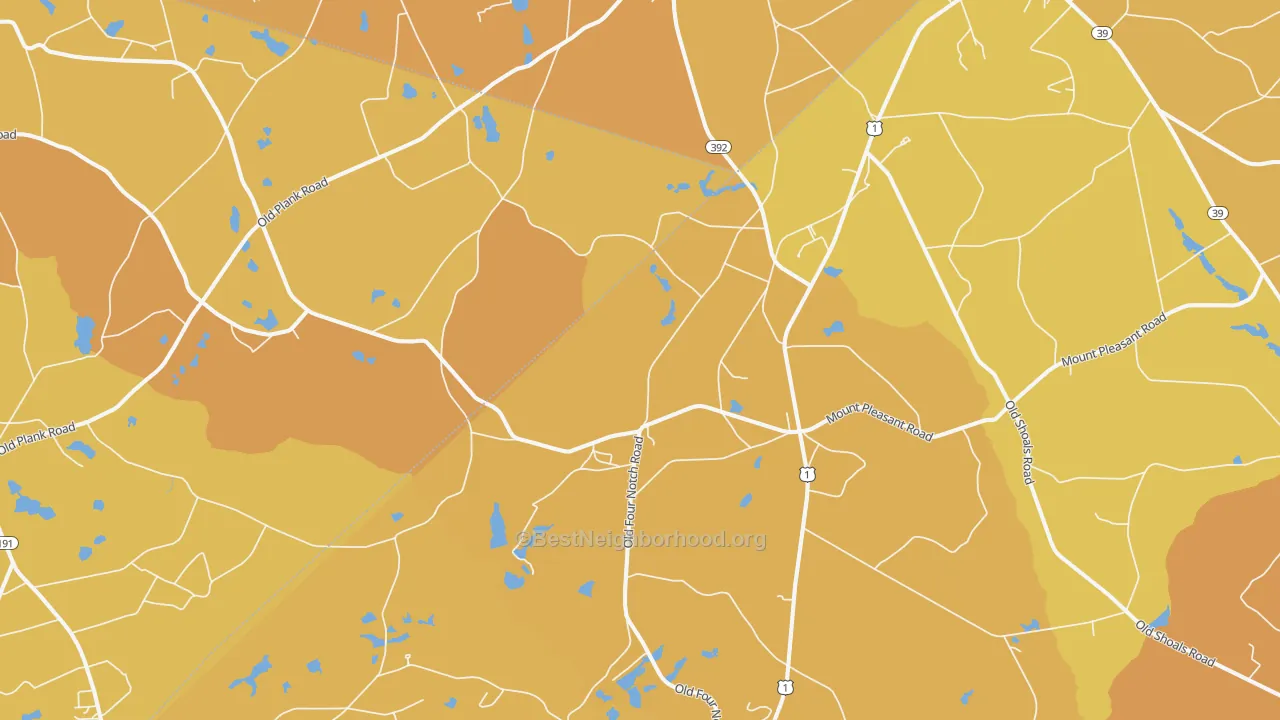 Map of the best neighborhoods in the 29129 area, with better matches in green and worse matches in red