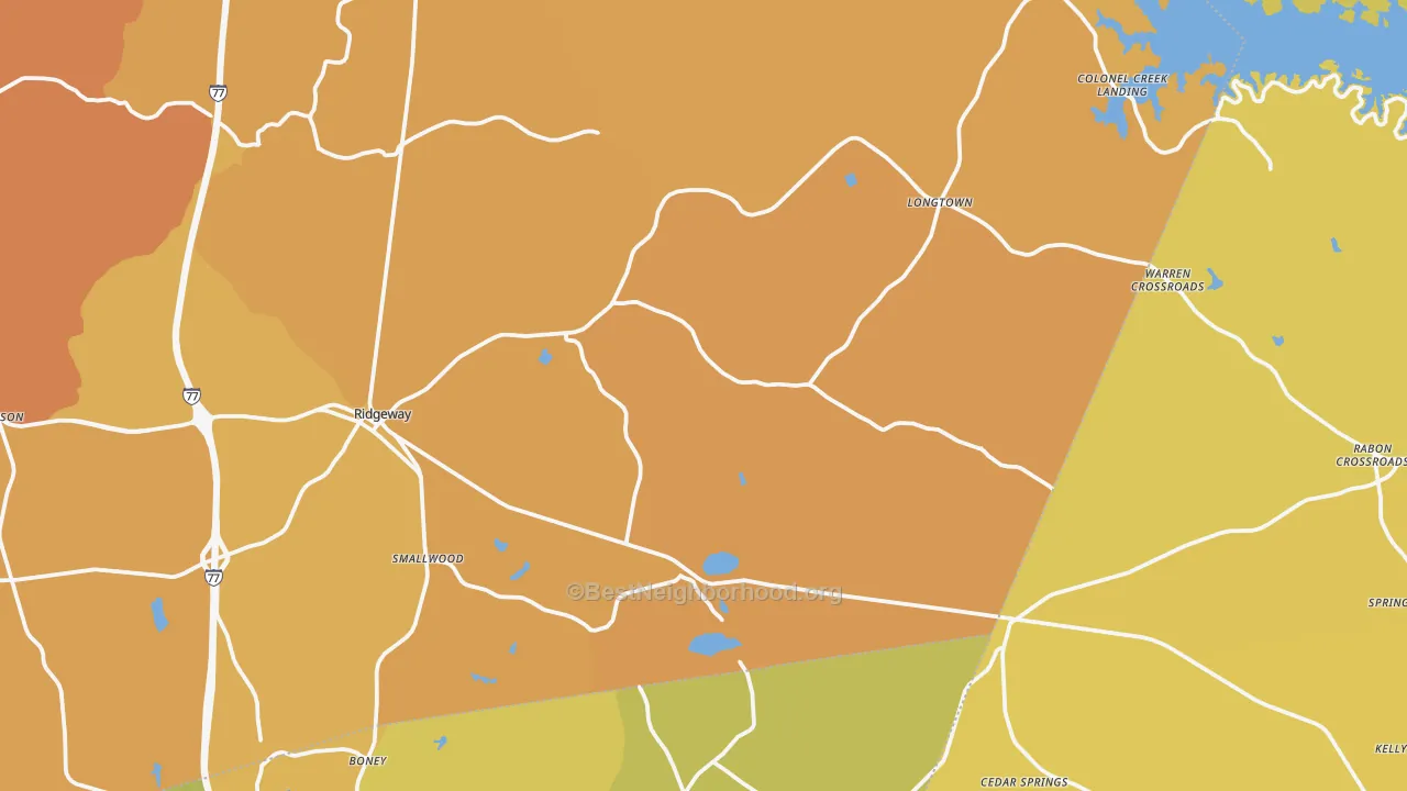 Map of the best neighborhoods in the 29130 area, with better matches in green and worse matches in red