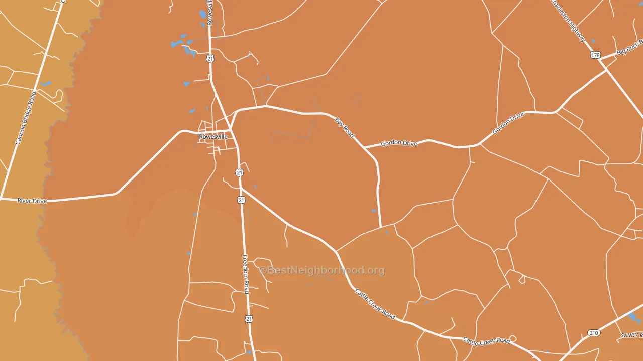 Map of the best neighborhoods in the 29133 area, with better matches in green and worse matches in red