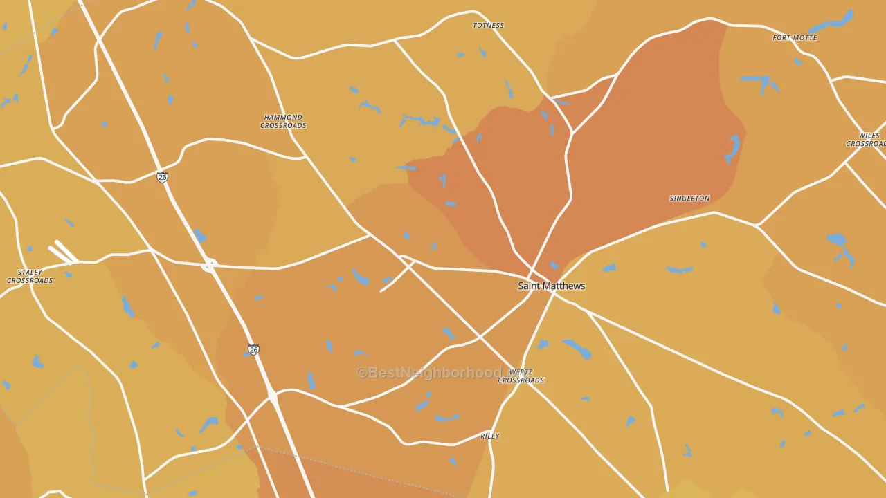 Map of the best neighborhoods in the 29135 area, with better matches in green and worse matches in red