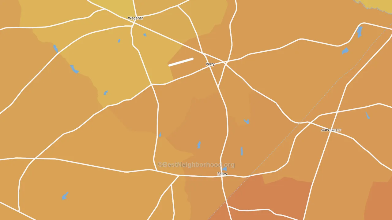 Map of the best neighborhoods in the 29137 area, with better matches in green and worse matches in red