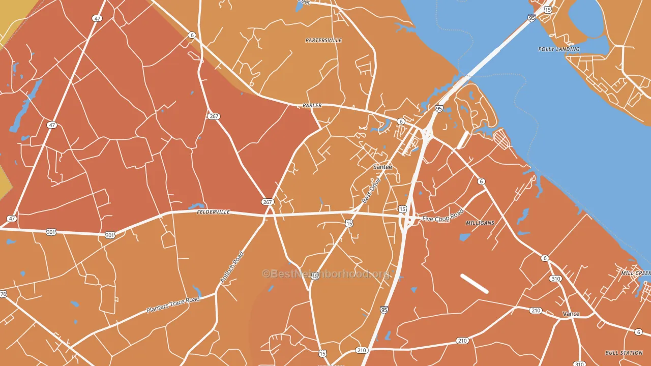 Map of the best neighborhoods in the 29142 area, with better matches in green and worse matches in red