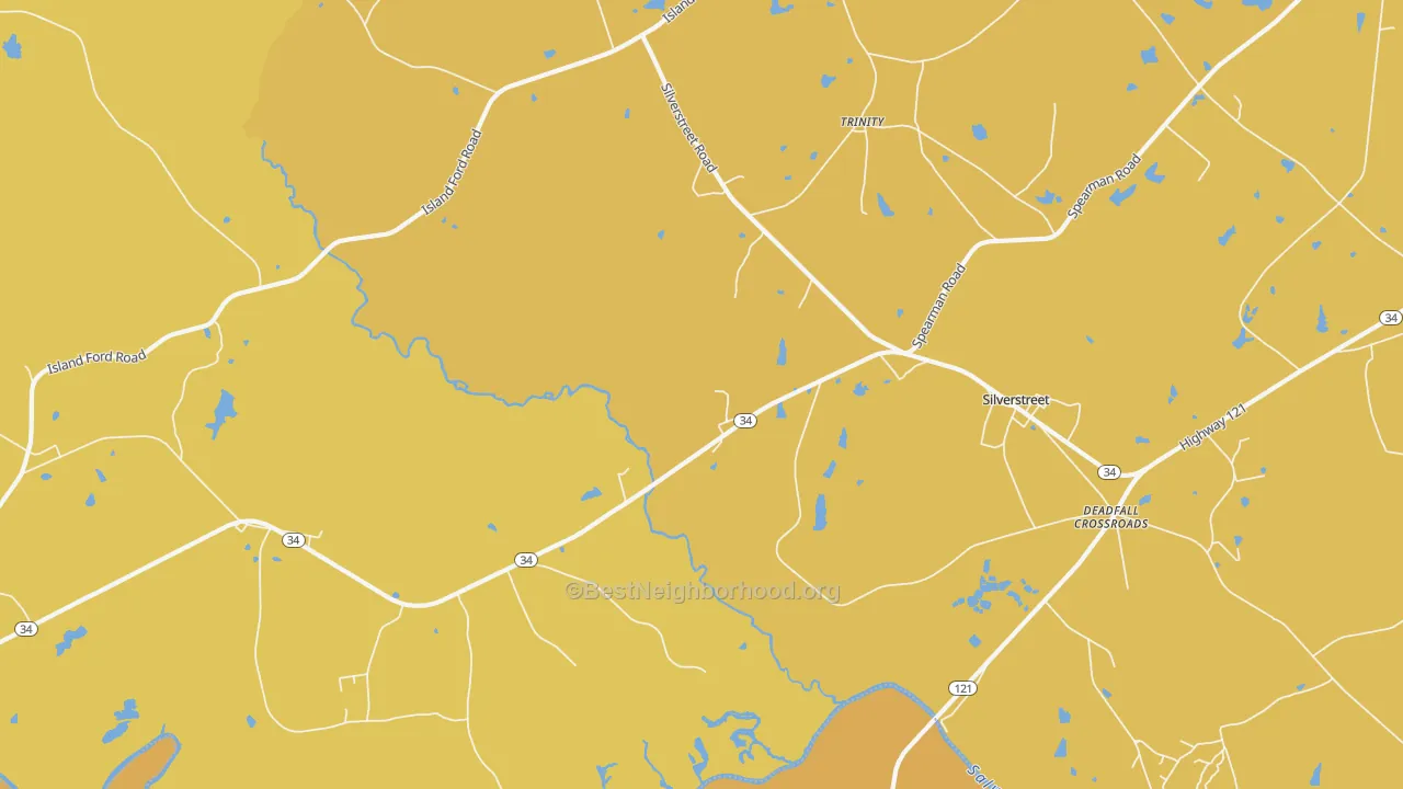 Map of the best neighborhoods in the 29145 area, with better matches in green and worse matches in red
