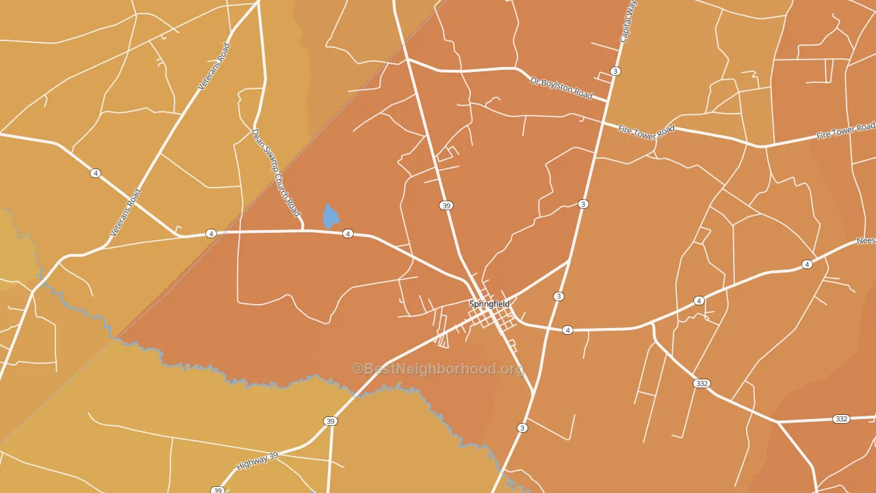 Map of the best neighborhoods in the 29146 area, with better matches in green and worse matches in red