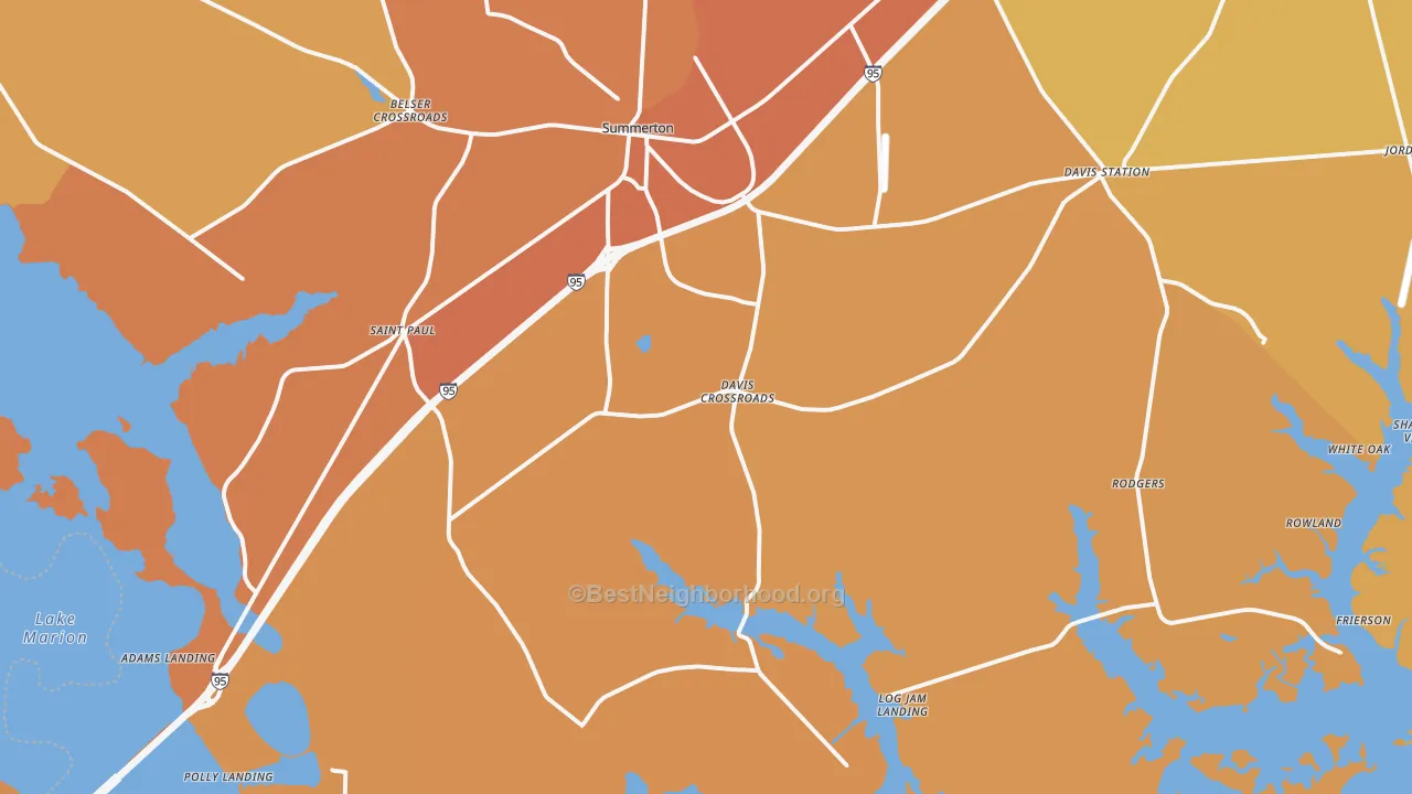 Map of the best neighborhoods in the 29148 area, with better matches in green and worse matches in red