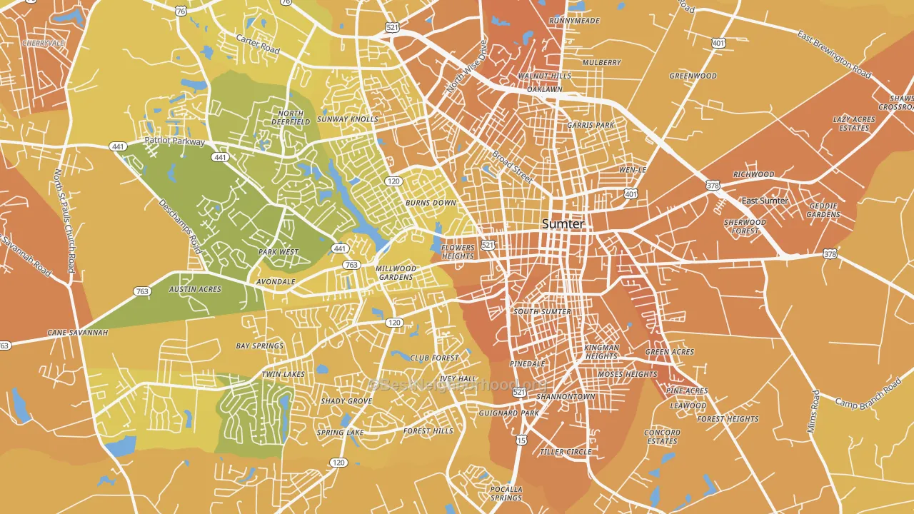 Map of the best neighborhoods in the 29150 area, with better matches in green and worse matches in red