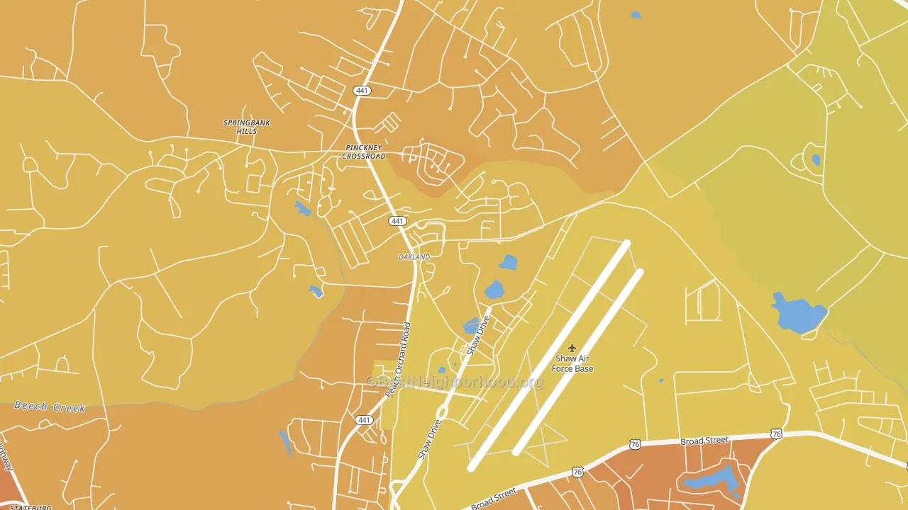 Map of the best neighborhoods in the 29152 area, with better matches in green and worse matches in red