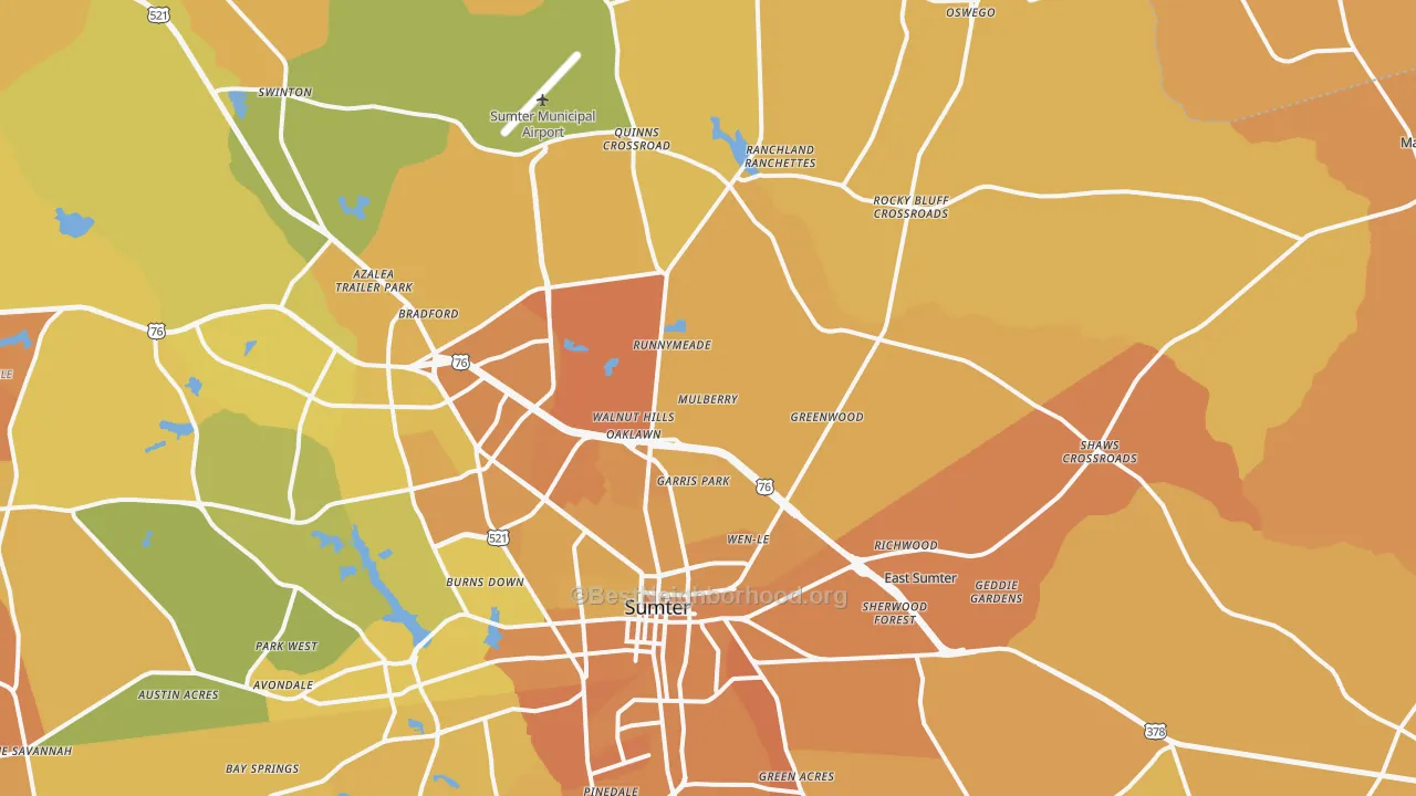 Map of the best neighborhoods in the 29153 area, with better matches in green and worse matches in red