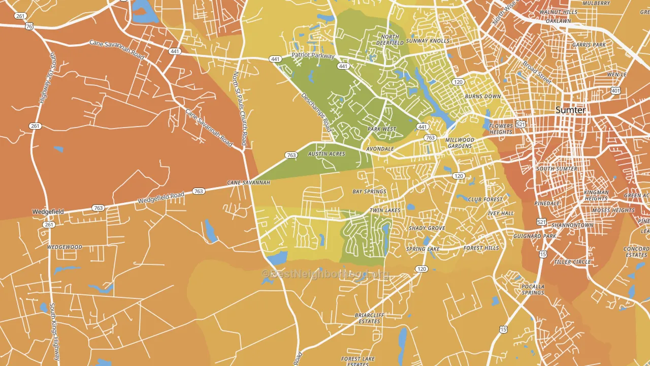 Map of the best neighborhoods in the 29154 area, with better matches in green and worse matches in red