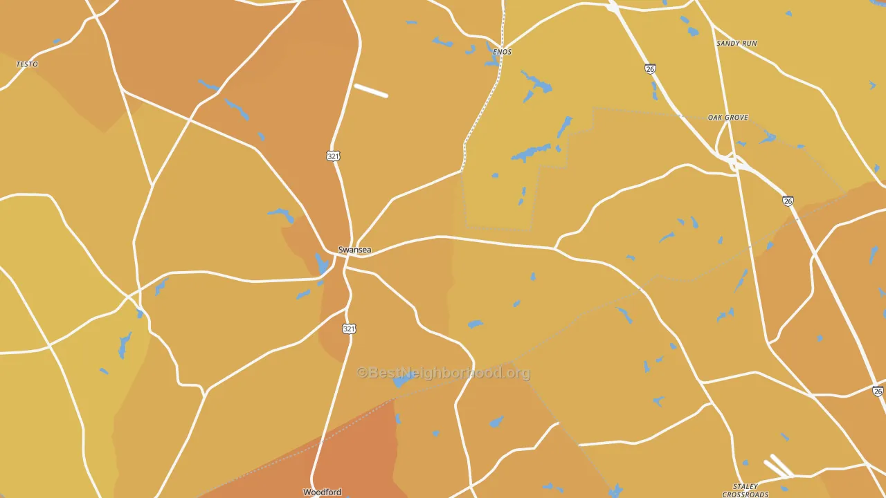 Map of the best neighborhoods in the 29160 area, with better matches in green and worse matches in red