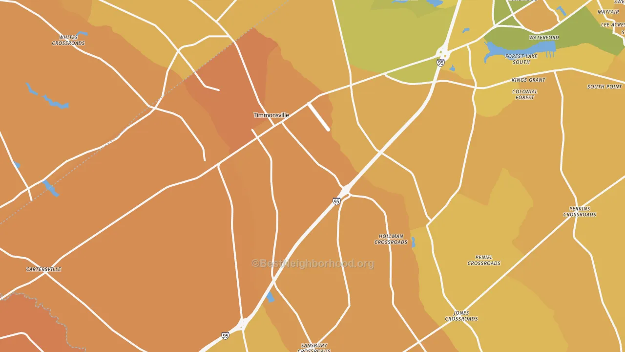 Map of the best neighborhoods in the 29161 area, with better matches in green and worse matches in red
