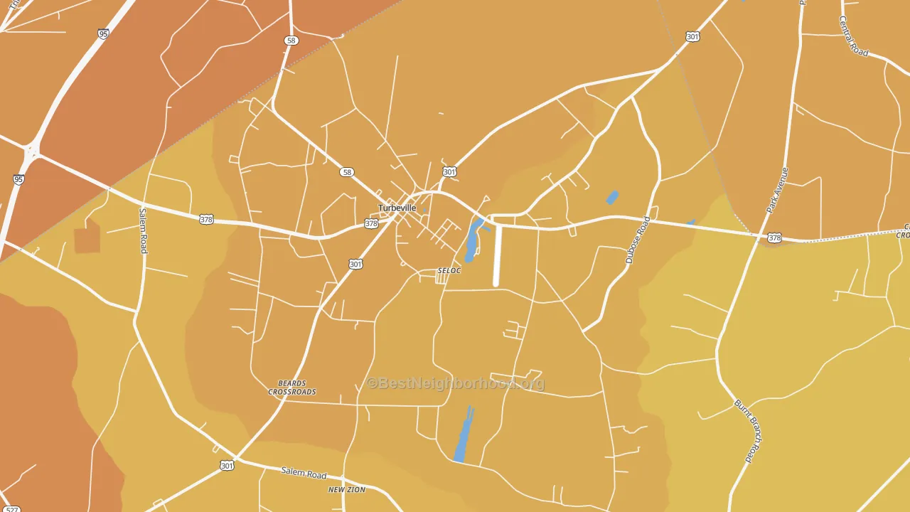 Map of the best neighborhoods in the 29162 area, with better matches in green and worse matches in red