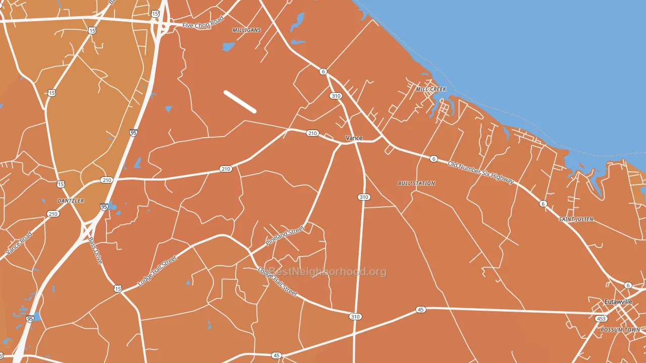 Map of the best neighborhoods in the 29163 area, with better matches in green and worse matches in red