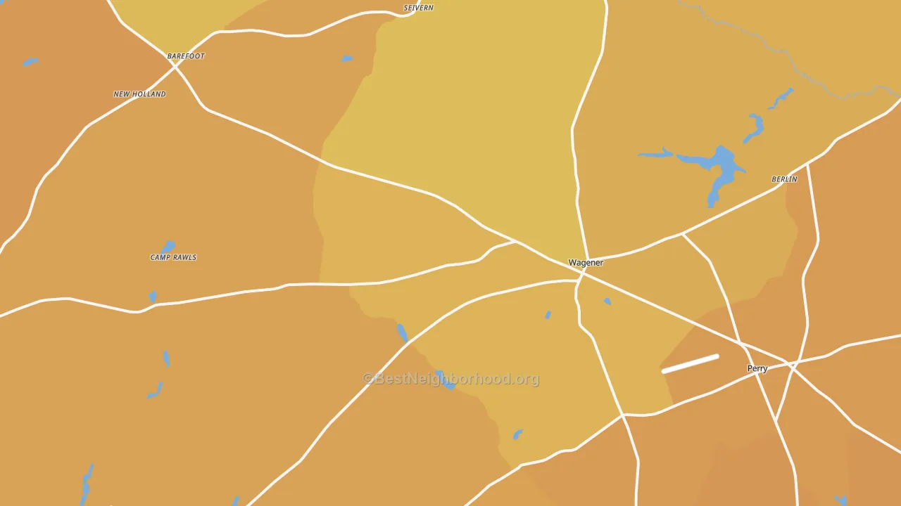 Map of the best neighborhoods in the 29164 area, with better matches in green and worse matches in red