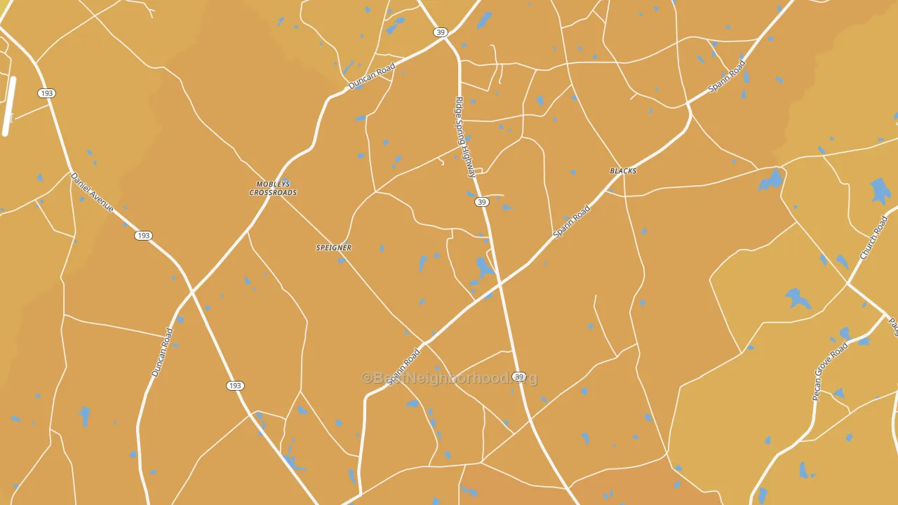 Map of the best neighborhoods in the 29166 area, with better matches in green and worse matches in red