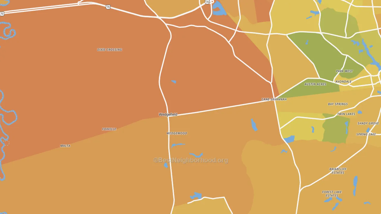 Map of the best neighborhoods in the 29168 area, with better matches in green and worse matches in red