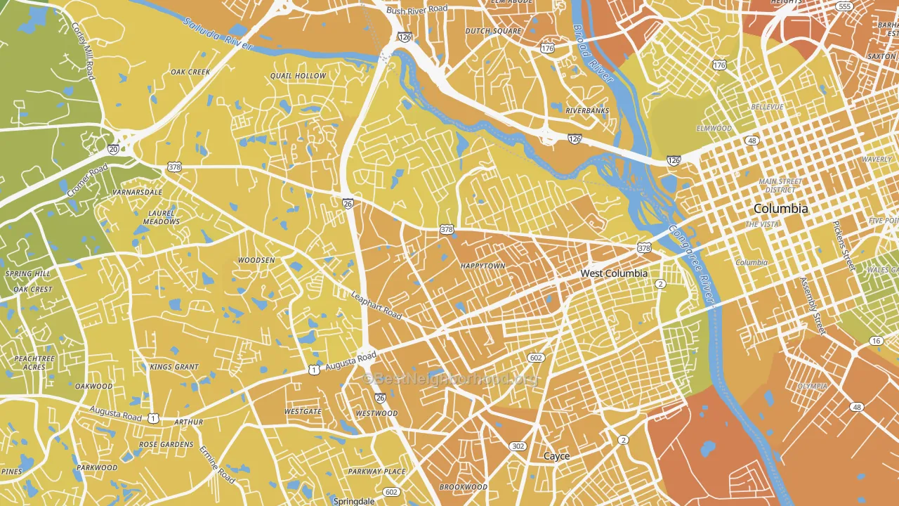 Map of the best neighborhoods in the 29169 area, with better matches in green and worse matches in red