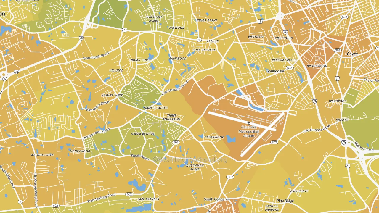 Map of the best neighborhoods in the 29170 area, with better matches in green and worse matches in red