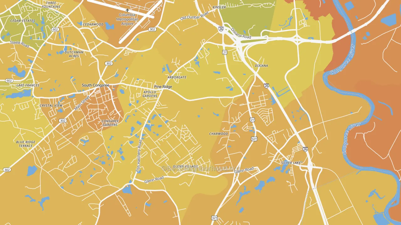 Map of the best neighborhoods in the 29172 area, with better matches in green and worse matches in red