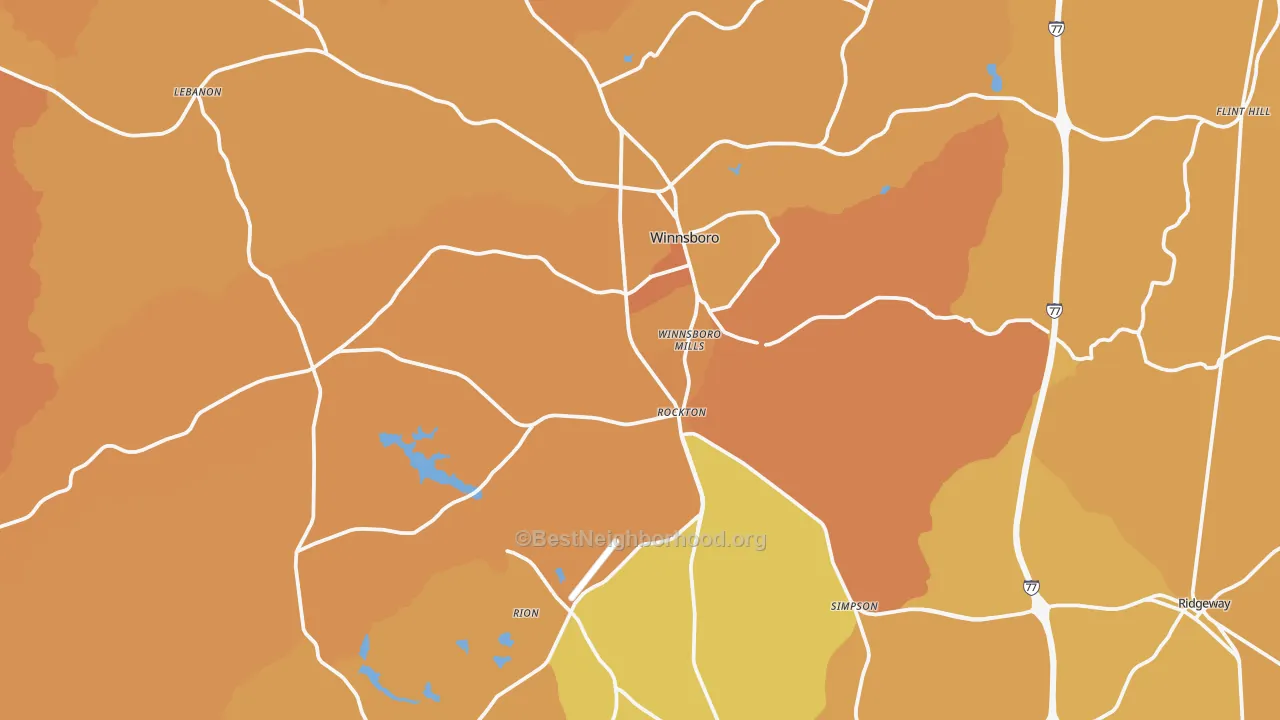 Map of the best neighborhoods in the 29180 area, with better matches in green and worse matches in red