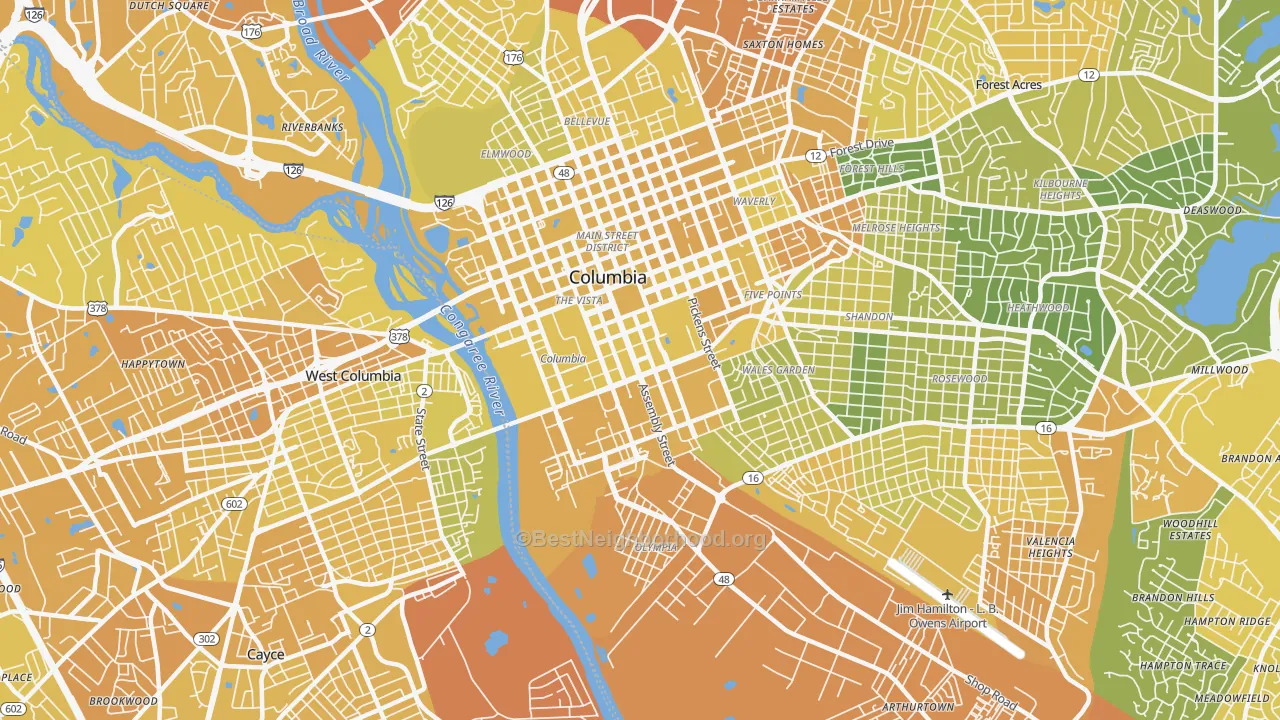 Map of the best neighborhoods in the 29201 area, with better matches in green and worse matches in red