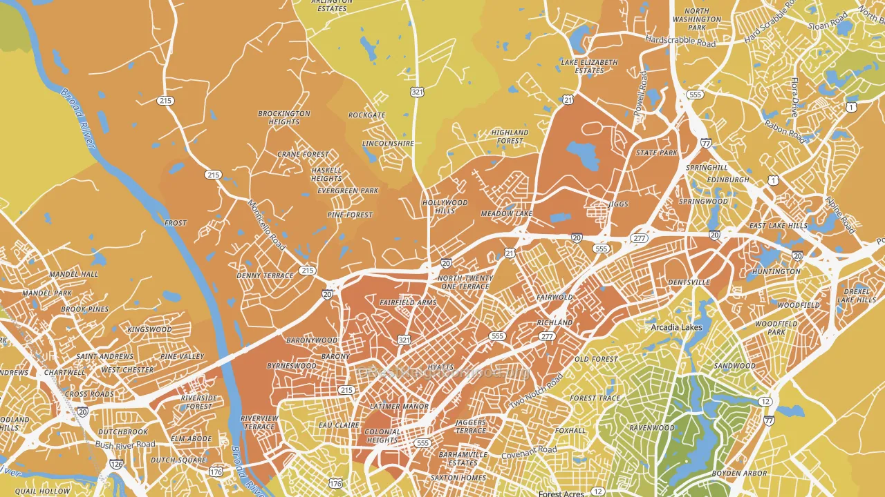 Map of the best neighborhoods in the 29203 area, with better matches in green and worse matches in red