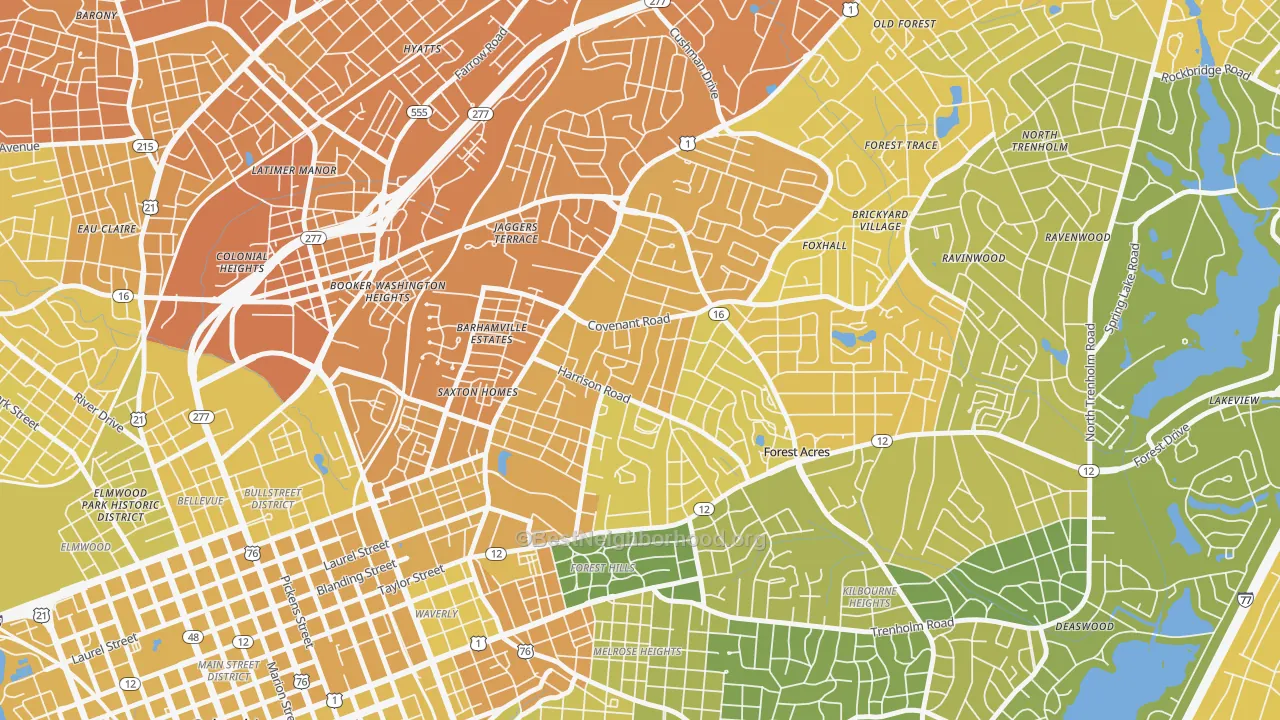 Map of the best neighborhoods in the 29204 area, with better matches in green and worse matches in red